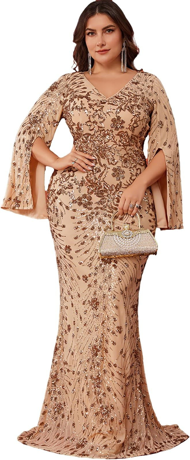 Plus Size Formal Dresses for Women with Embroidery Sequin and Cape Sleeve, V-Neck Maxi Dress for ... | Amazon (US)