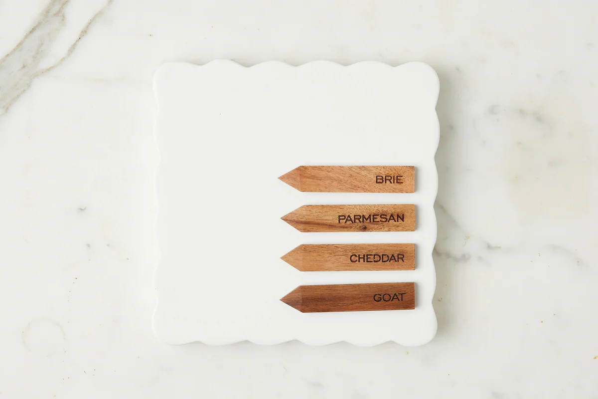 Square Scalloped Cheese Board with Cheese Markers, Small, White | etúHOME
