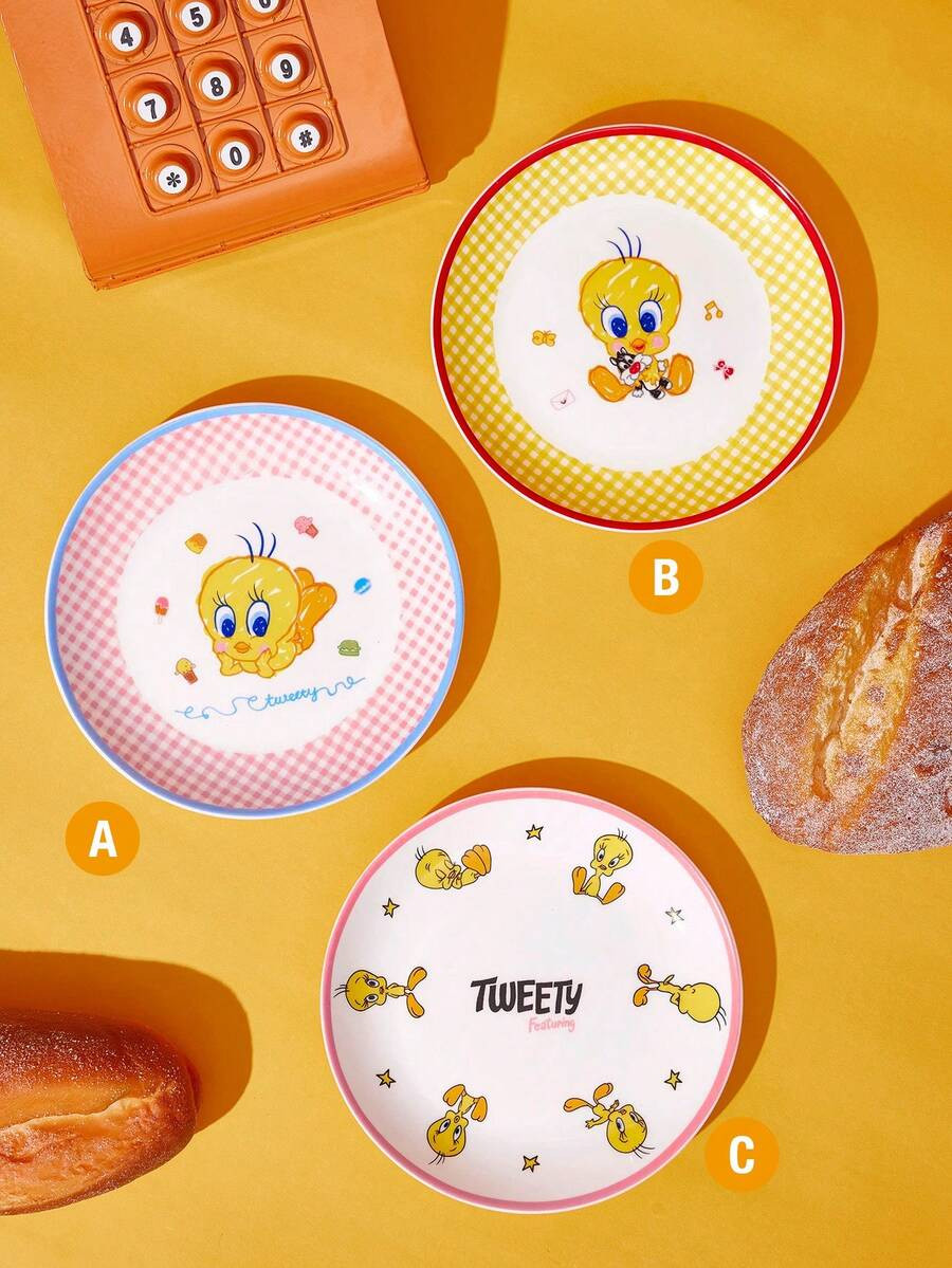 LOONEY TUNES X Joivida 1PC Ceramic Dinner Plates, Cute Gingham Check Cartoon Printed Round Porcelain Plates Set, Microwave Color Rim Tableware, Kawaii Decor Dessert Salad Plate Gift For Kids Girls Fans | SHEIN