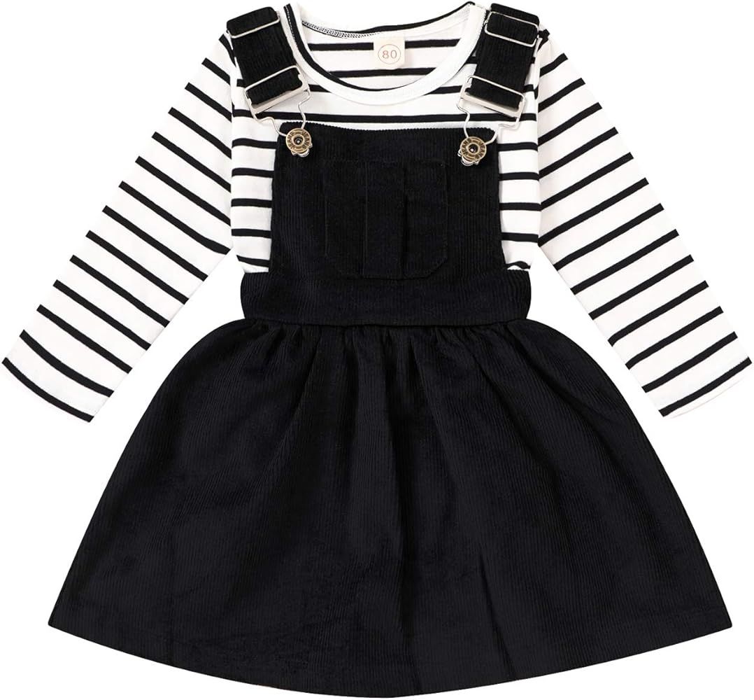 Toddler Baby Girl Fall Outfit Long Sleeve Stripe T-Shirt and Strap Dress Overall with One Pocket ... | Amazon (US)