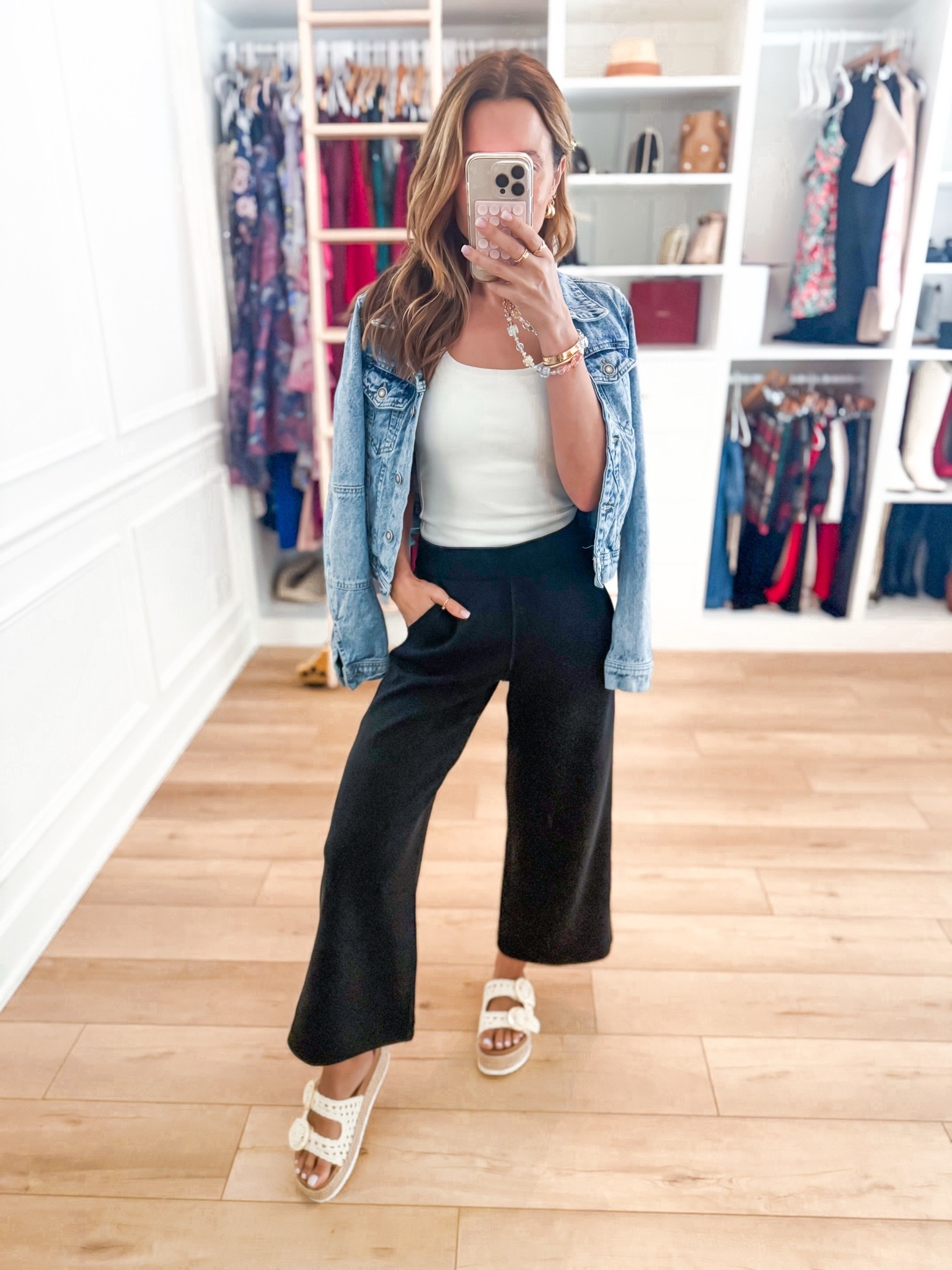 My casual outfit of the day! Mom outfit. Summer outfit. Travel outfit. Getting my a facial and this is what I’m wearing. Amazon modal blend pants in XXS. Could size down if in-between. Bra-free ribbed tank top in XS - LOVE THIS! My favorite denim jacket in XS. Target buckle slides are TTS.

#LTKootd #LTKTravel #LTKPetite