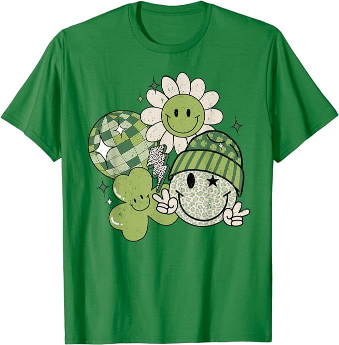 Hippie Shamrock Smile Face Retro Groovy St Patricks Day T-Shirt | Amazon (US)