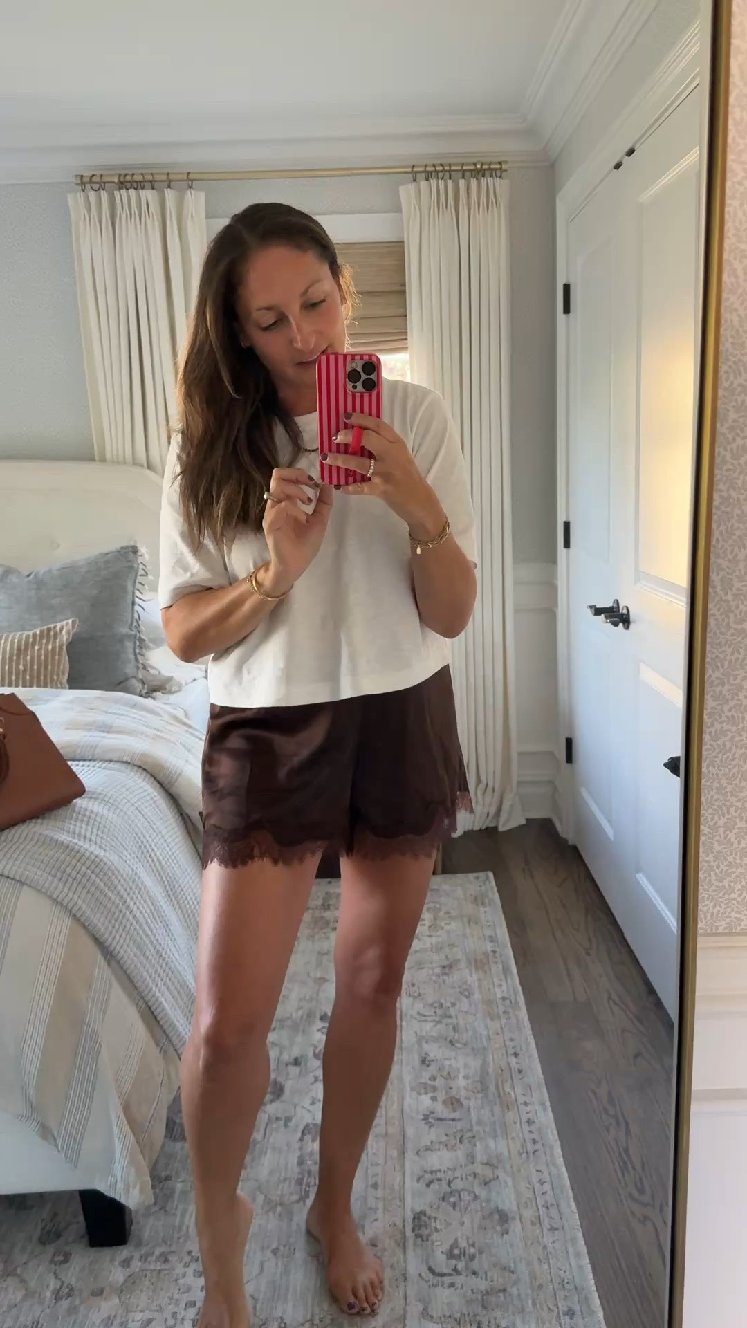 Late to posting but here’s OOTD! Love these silk shorts (a great @Target find!!), my favorite boxy tee and the charm necklace you’re going to want to customize and grab while it’s on sale!!