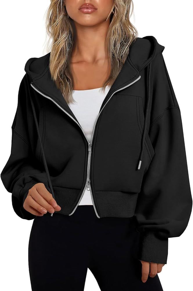 Fisoew Women's Crop Zip Up Hoodies Casual Long Sleeve Hooded Cropped Sweatshirts with Pockets | Amazon (US)