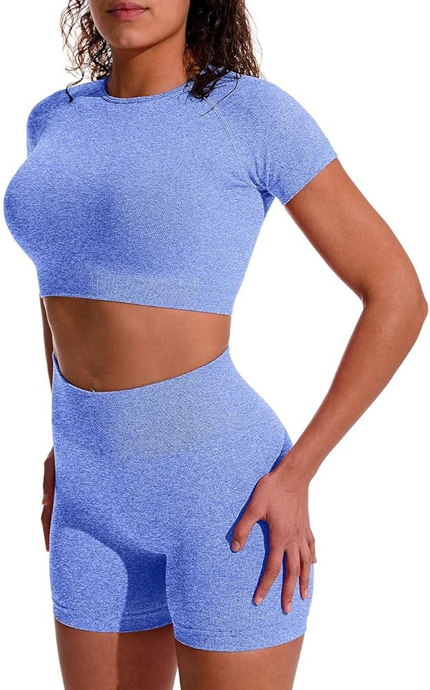 OYS Women's Yoga 2 Piece Outfits Workout Running Crop Top Seamless High Waist Sports Shorts Sets | Amazon (US)