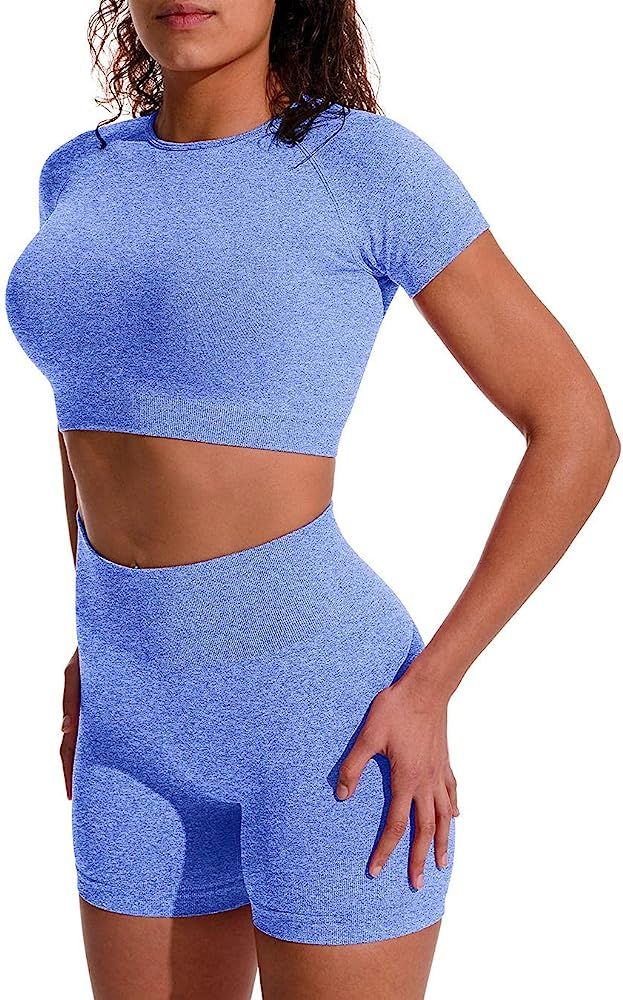 OYS Women's Yoga 2 Piece Outfits Workout Running Crop Top Seamless High Waist Sports Shorts Sets | Amazon (US)