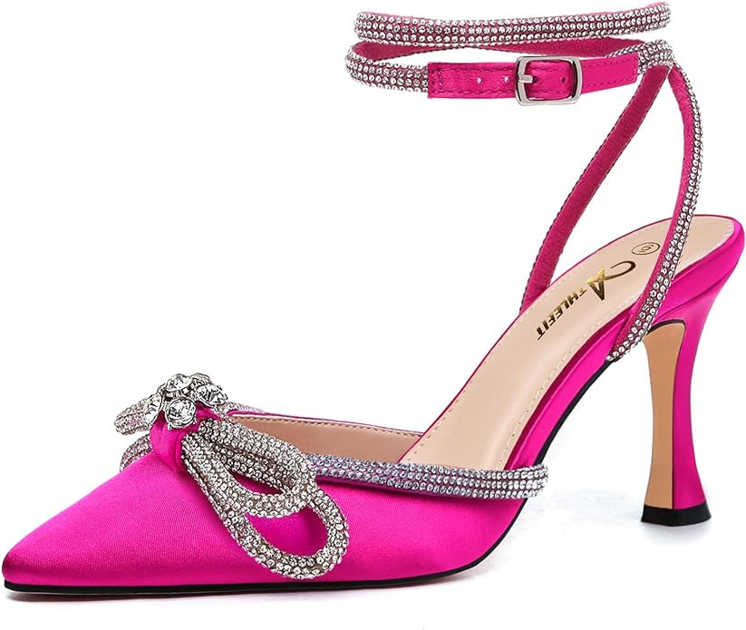 Athlefit Women's Rhinestone Bow Heels Ankle Strap Pointed Toe Stiletto Heeled Sandals Wedding Bri... | Amazon (US)