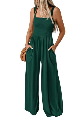 KIRUNDO Womens Wide Leg Green Jumpsuits for Women Overalls One Piece Summer Smocked Sleeveless Sexy Jumpsuits Long Pant Romper 2025 Trendy Clothes(Green, Large) | Amazon (US)