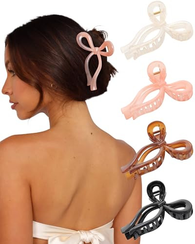 4 PCS Bow Hair Clips Bow Claw Clip for Women Nonslip Large Hair Claw Clips for Thin and Thick Hair Strong Hold Hair Bows (Orange+Coffee+Black+Champagne) | Amazon (US)