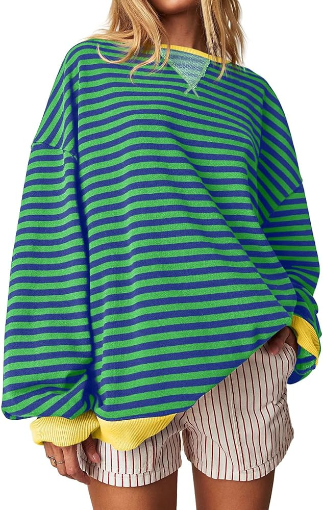 Fisoew Womens Striped Oversized Sweatshirt Color Block Crew Neck Long Sleeve Shirt Casual Loose P... | Amazon (US)