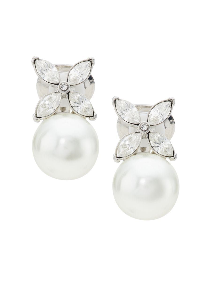 Rhodium-Plated, Glass Crystal, & Faux Pearl Flower Clip-On Earrings | Saks Fifth Avenue