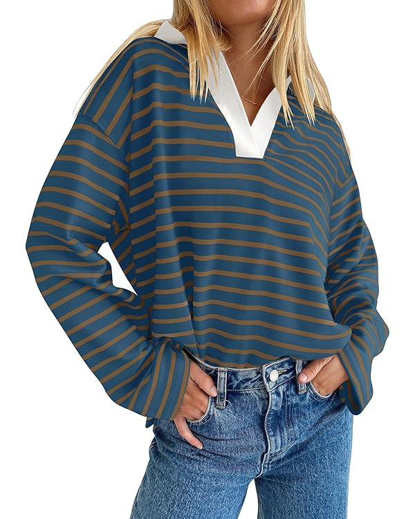 ZESICA Striped Tops Oversized Sweatshirt Loose Fit Tunic Tops Blouses | Amazon (US)