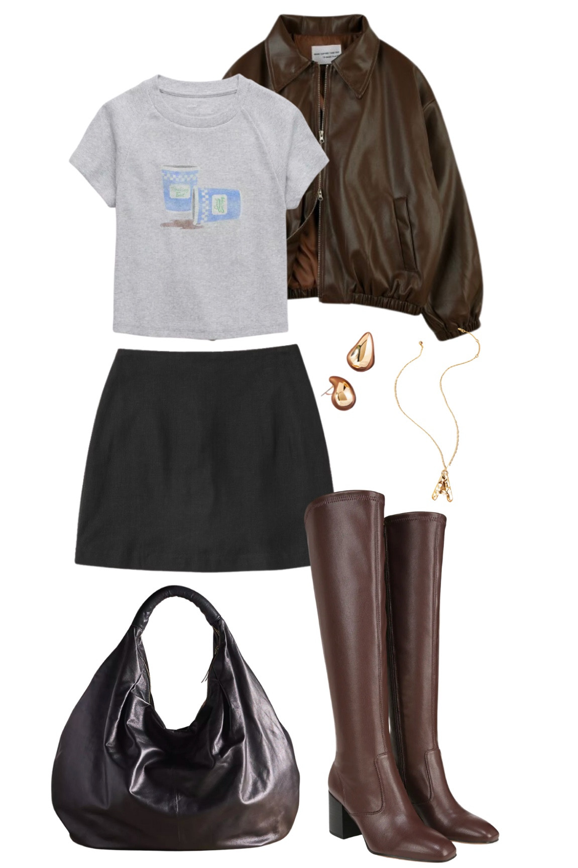 Fall outfit, fall transitional outfit, brown leather knee high boots, brown leather bomber jacket, black leather slouchy purse, cropped grey graphic baby tee, aerie top, Abercrombie skirt, mini black skirt, gold jewelry, teardrop earrings, girls night outfit, city outfit, dinner outfit, clean girl aesthetic, streetwear style fashion, affordable fashion

#LTKunder100 #LTKunder50 #LTKSeasonal