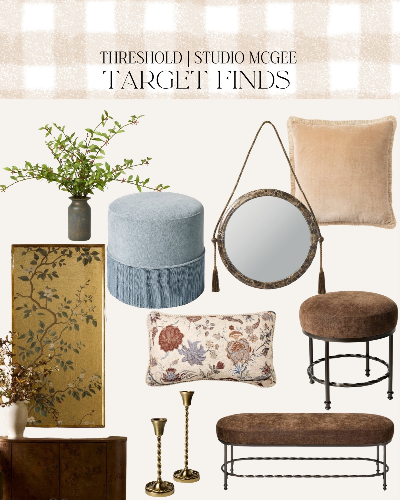 Target New Arrivals | threshold | studio McGee | fall home decor | moody home decor | bench seat | ottomans | wall art | faux florals | pillows | mirrors | fringe ottoman | vintage | neutral home | fall florals | home inspo | interior design | modern organic | transitional | floral pillow | marble mirror | @Target

#LTKHome
