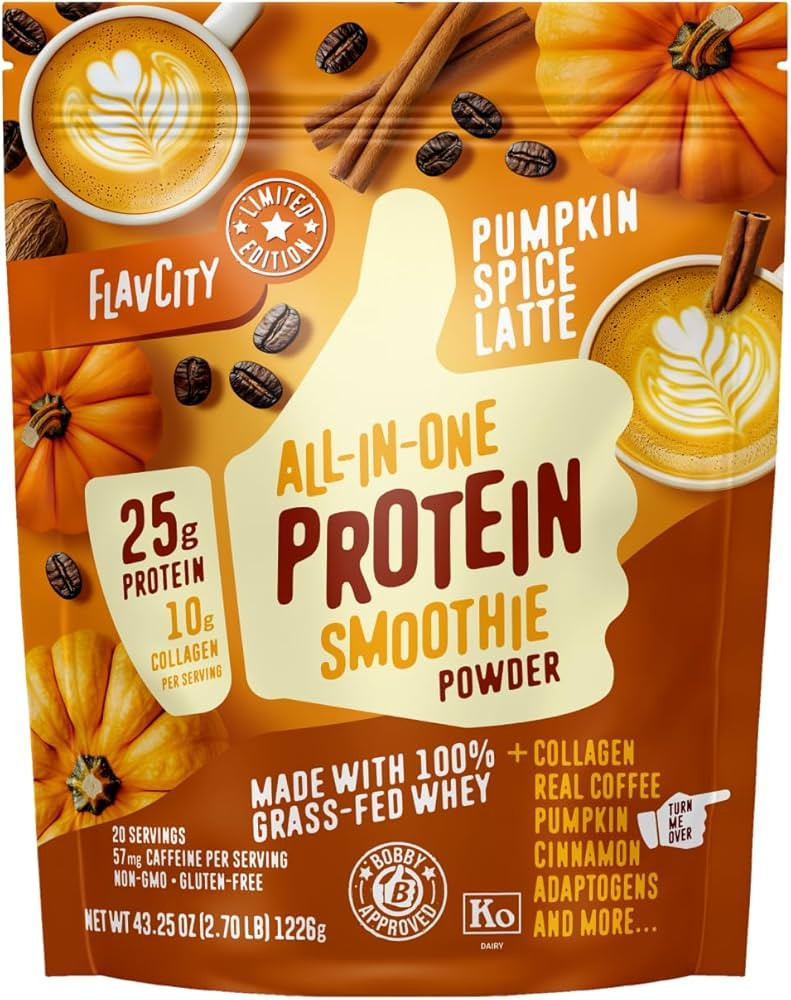 FlavCity Grass Fed Whey Protein Powder - Pumpkin Spice Latte - 25g Protein & 57mg of Caffeine - M... | Amazon (US)