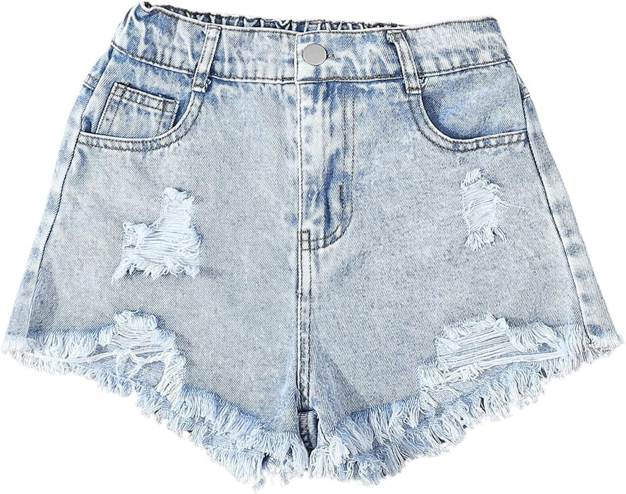 Floerns Girl's Ripped Raw Hem Elastic Waist Straight Leg Denim Shorts with Pockets | Amazon (US)
