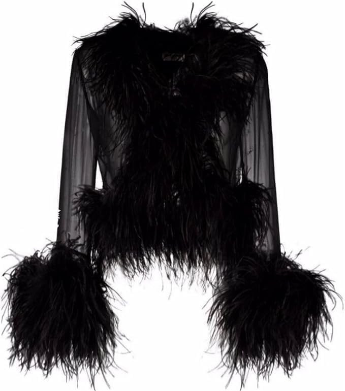 Youlander Fur FE-19 See-Through Top with Real Feather Collar and Cuffs Silk Shirt for Women Sexy ... | Amazon (US)