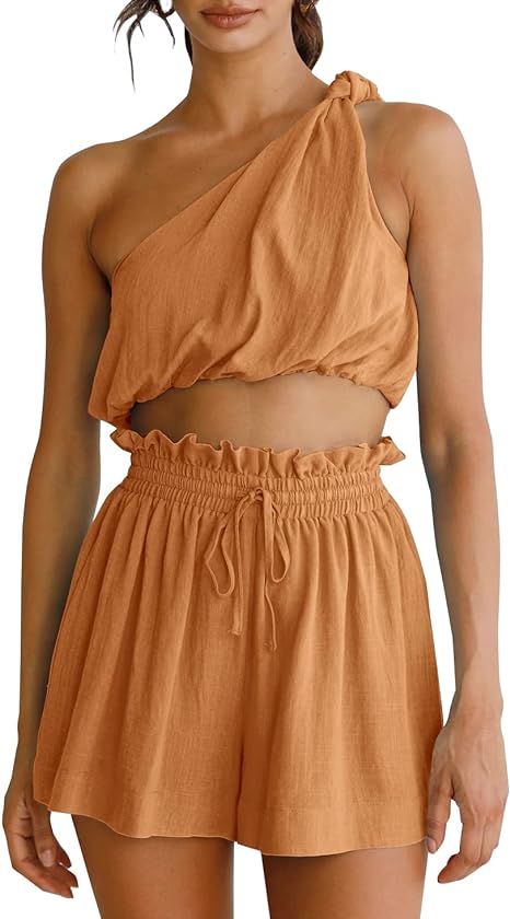 Imily Bela Womens 2 Piece Outfits Linen Matching Sets Two Piece Crop Tops and Paper Bag Waist Sho... | Amazon (US)