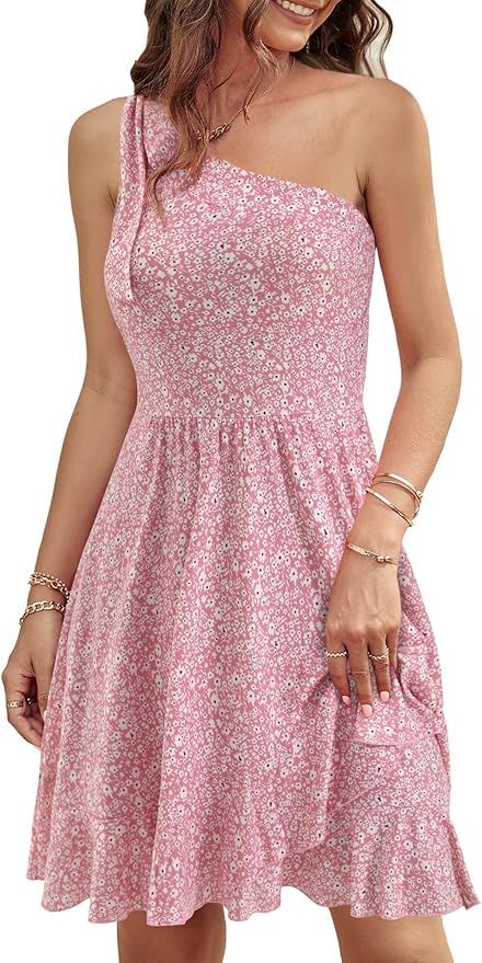 MSBASIC Summer One Shoulder Dresses for Women Casual Floral Ruffle Flowy Mini Dress with Pockets | Amazon (US)