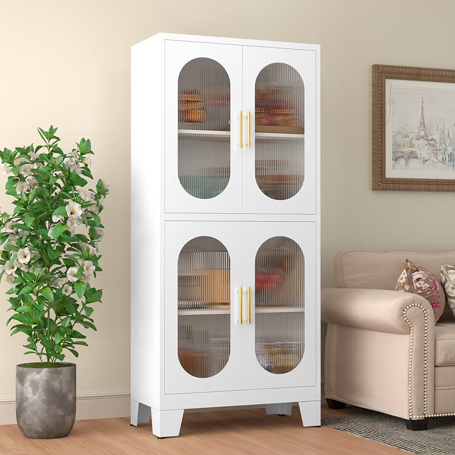 White Metal Storage Cabinet, Kitchen Pantry Cabinet with Acrylic Glass Doors and Adjustable Shelv... | Amazon (US)