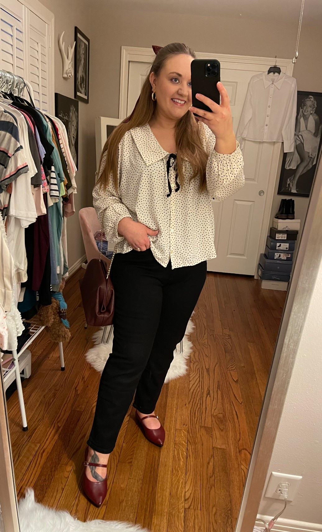 Fall outfit, Ankle jeans, black jeans, old navy jeans, high waisted jeans, black cami, burgundy handbag, Mary Jane flats, Peter Pan collar top, button down top, old navy outfit, fall style

#LTKFindsUnder50 #LTKSaleAlert #LTKMidsize