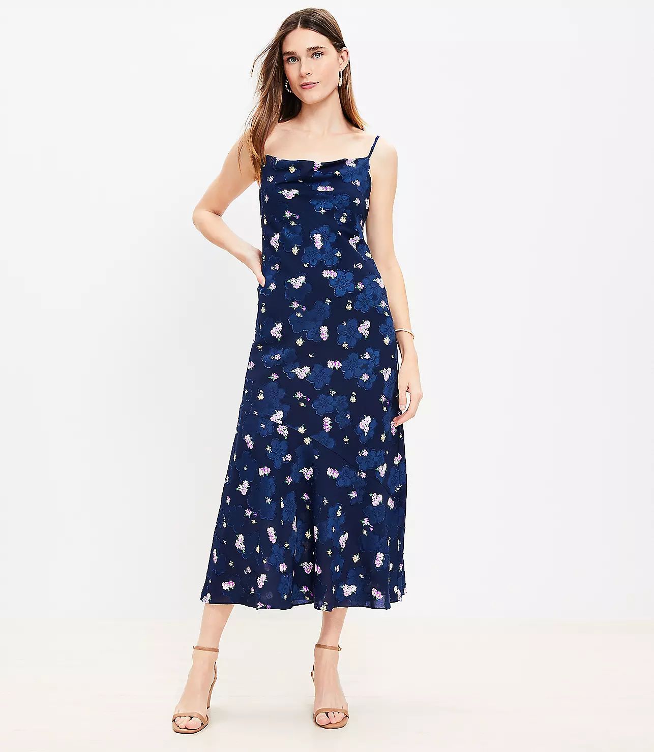 Floral Jacquard Cowl Neck Maxi Slip Dress | LOFT