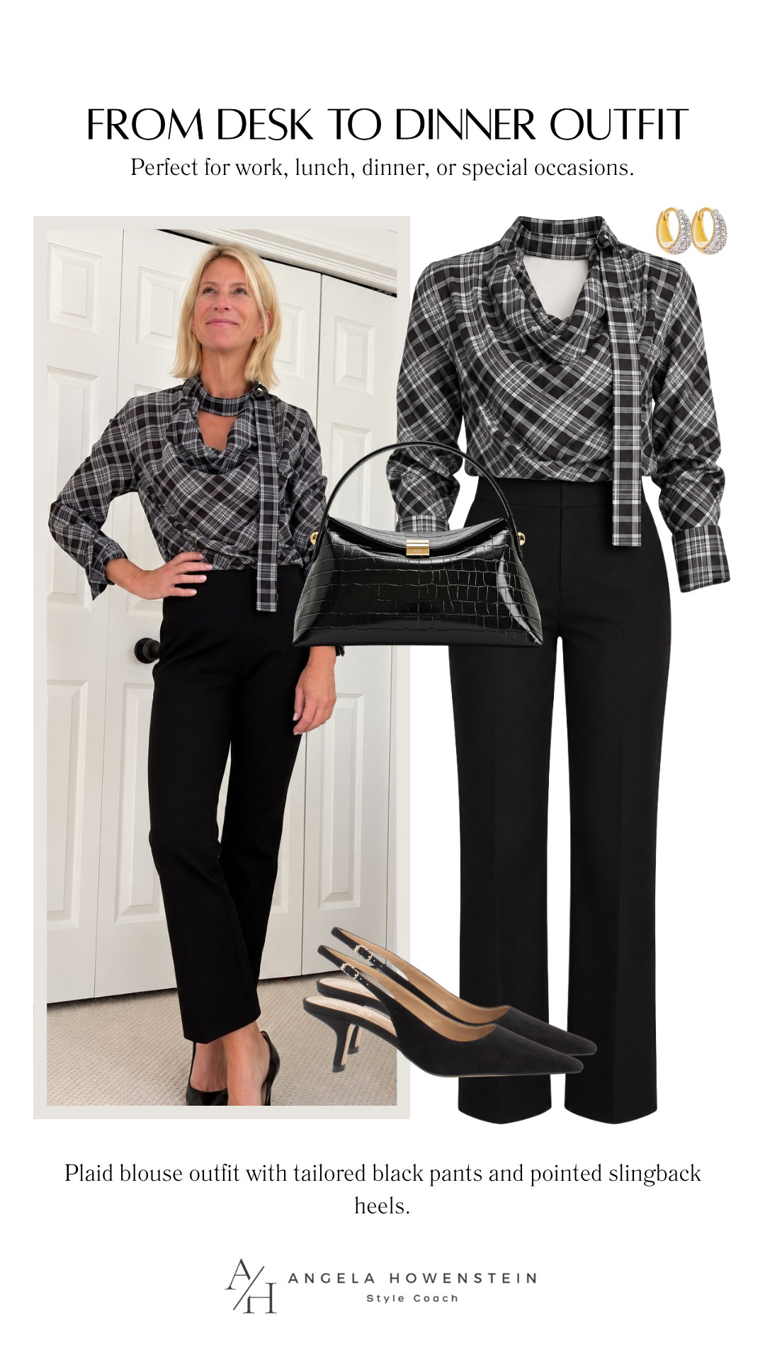 This plaid blouse does all the work! The pretty draped neckline and scarf detail make classic black pants and pointed slingbacks feel polished and feminine—perfect for work, lunch, or dinner.

👩‍💻 LTK PRO TIPS
❤️ Heart = Support my posts ;-)
🔖 Save = Get sale & restock alerts for the things you love!
📋 Lists = Keep favorites organized (List ideas: Christmas, Birthdays, and Vacations!)
📲 Share = Send lists and products to a friend (or your daughters like me).
💬 Comment = Ask me anything, and I’ll answer. ;-) 

 #LTKootd #LTKSeasonal #LTKOver40