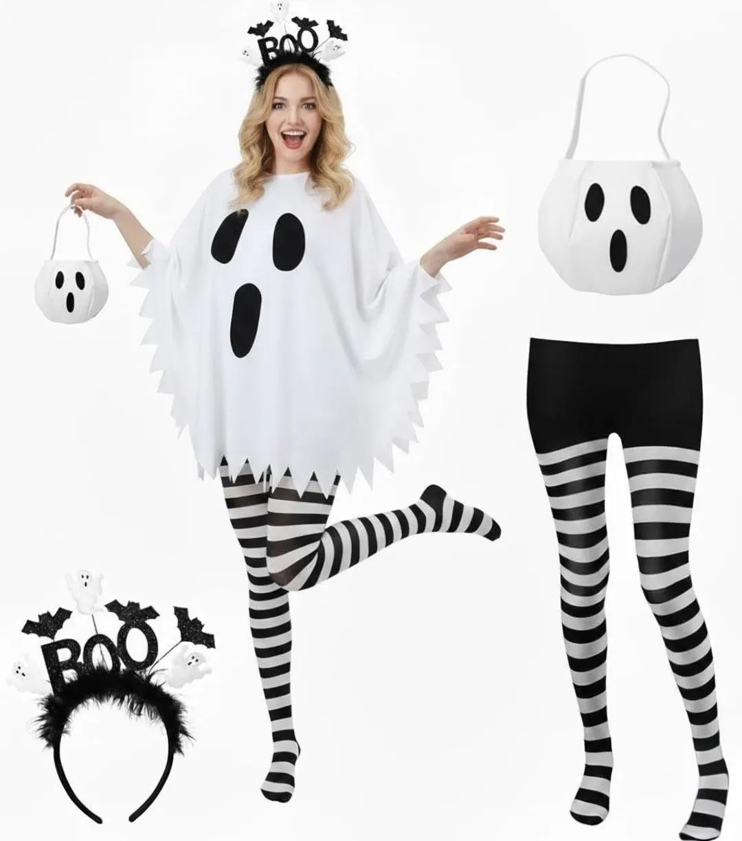 4-piece Adult Ghost Halloween Costume Set: Poncho, Headband, Tights & Candy Bag - Etsy | Etsy (US)
