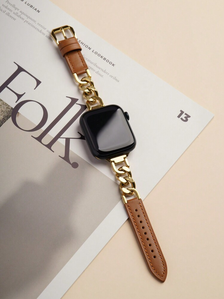 Genuine Leather Chain Strap Compatible With Apple Watch Series 10/9/8/7/6/5/4/SE, Stainless Steel Band Compatible With Apple Watch | SHEIN