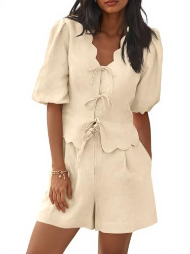 Cicy Bell Womens Summer 2 Piece Short Sets Puff Short Sleeve V Neck Bow Tie Front Tops Wide Leg Shorts Pajamas Matching Sets | Amazon (US)