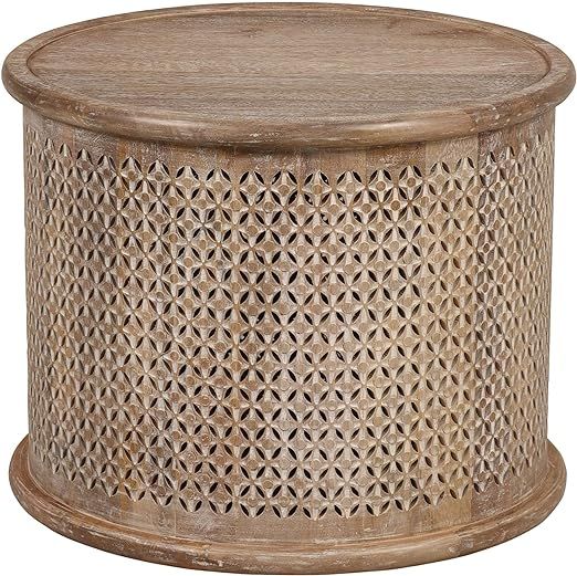 23-inch Diameter Mango Wood Drum Coffee Table Brown White Bohemian Eclectic Modern Contemporary R... | Amazon (US)