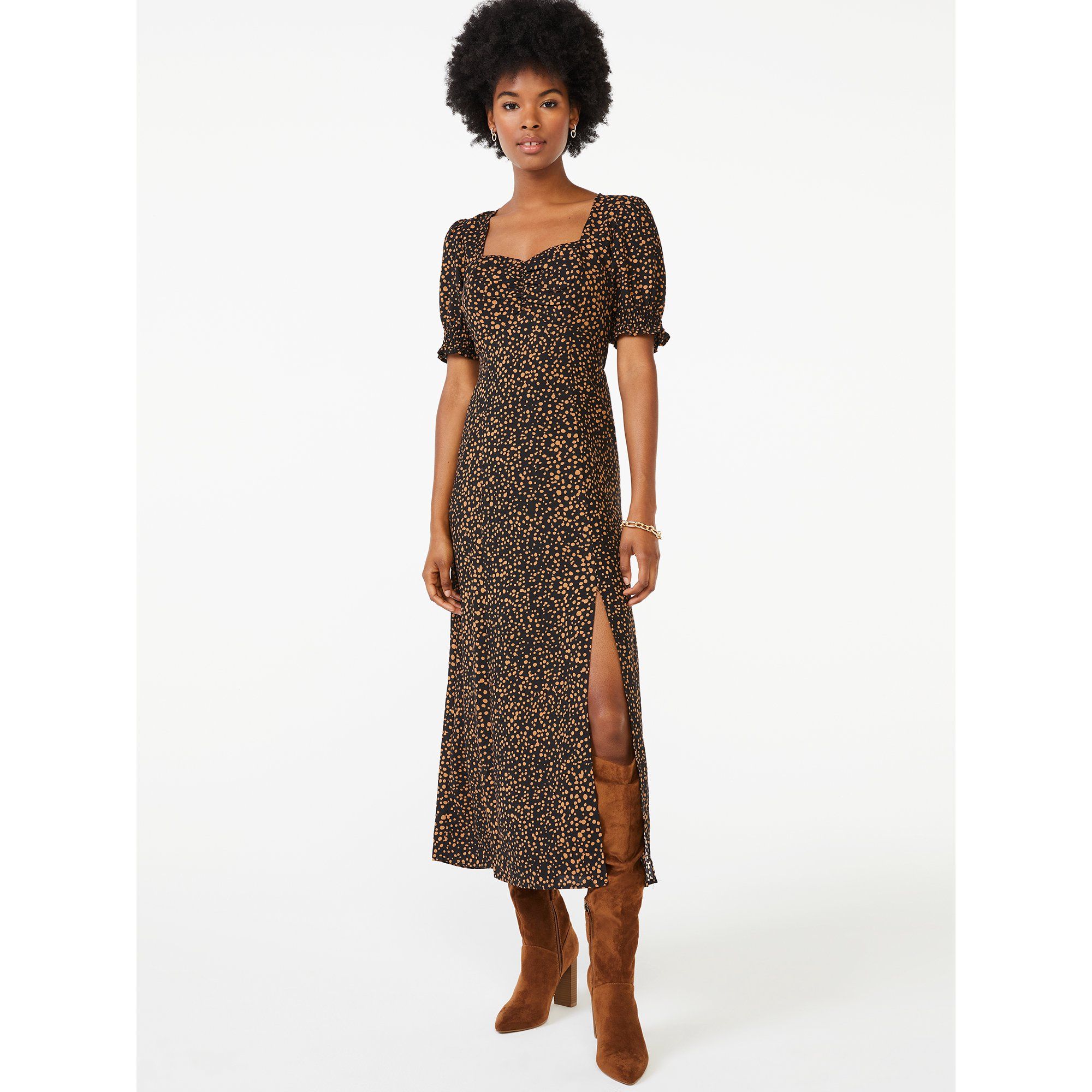 Scoop Women's Short Puff Sleeve Sweetheart Midi Dress | Walmart (US)