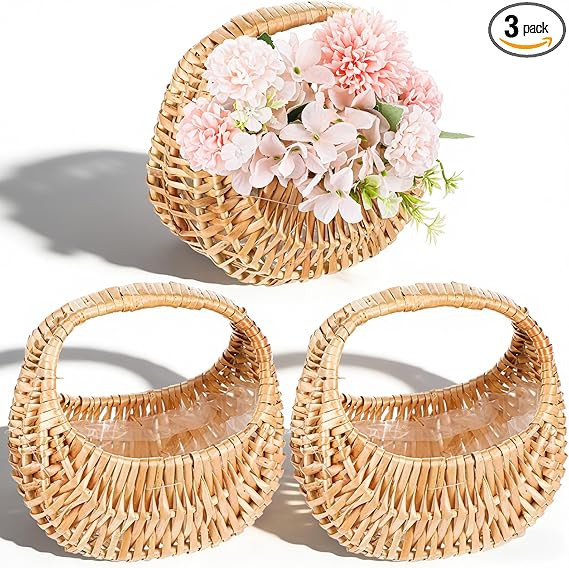 3 Pcs Rattan Flower Girl Basket, Small Wicker Basket with Handle Lightweight Rustic Elegant Flowe... | Amazon (US)