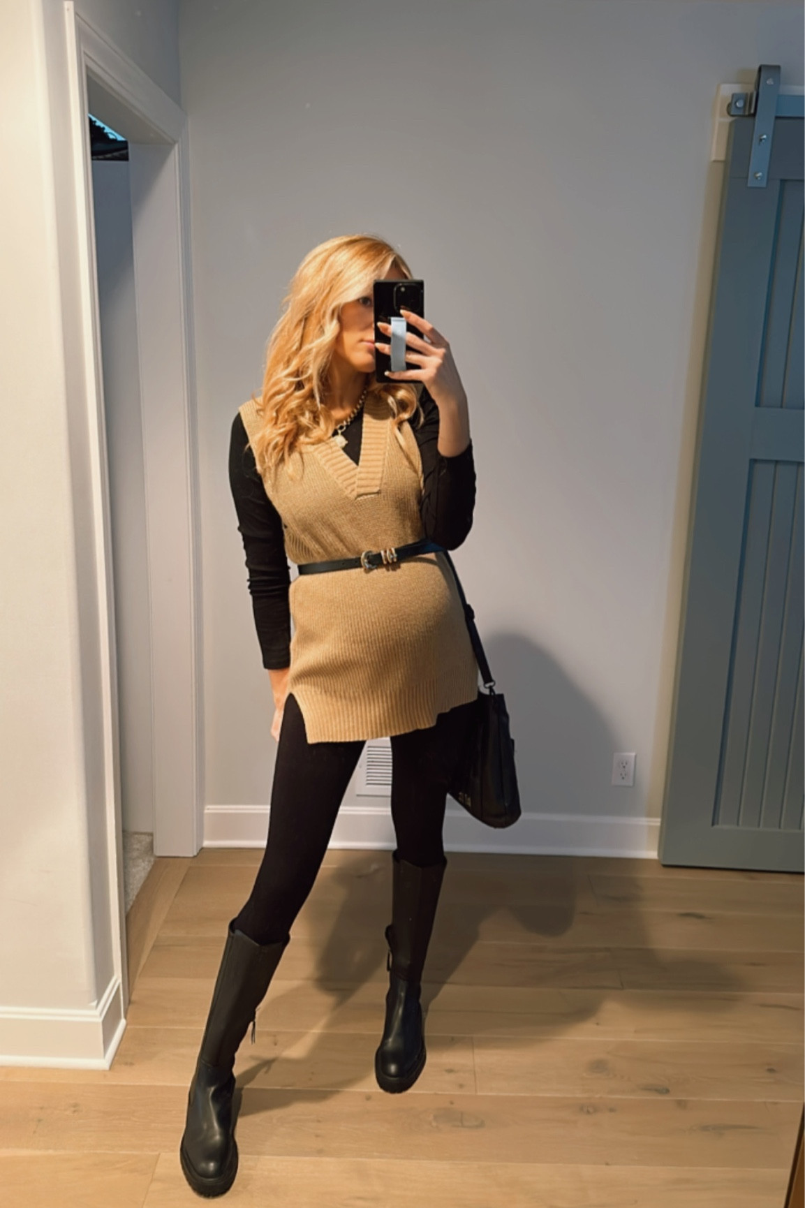Tan Oversized vest black maternity leggings tall black boots 

#LTKworkwear #LTKbump