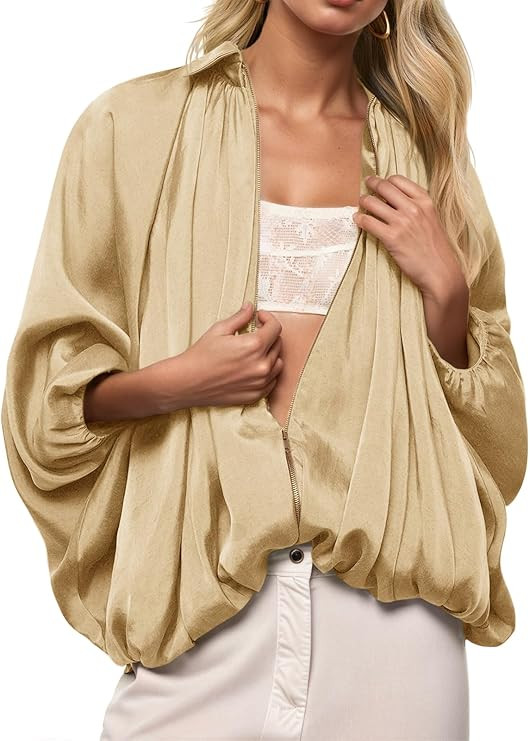 Tankaneo Womens Bomber Jackets Oversized Batwing Sleeve Zip Up Puffed Jacket Lapel Collar Pleated... | Amazon (US)