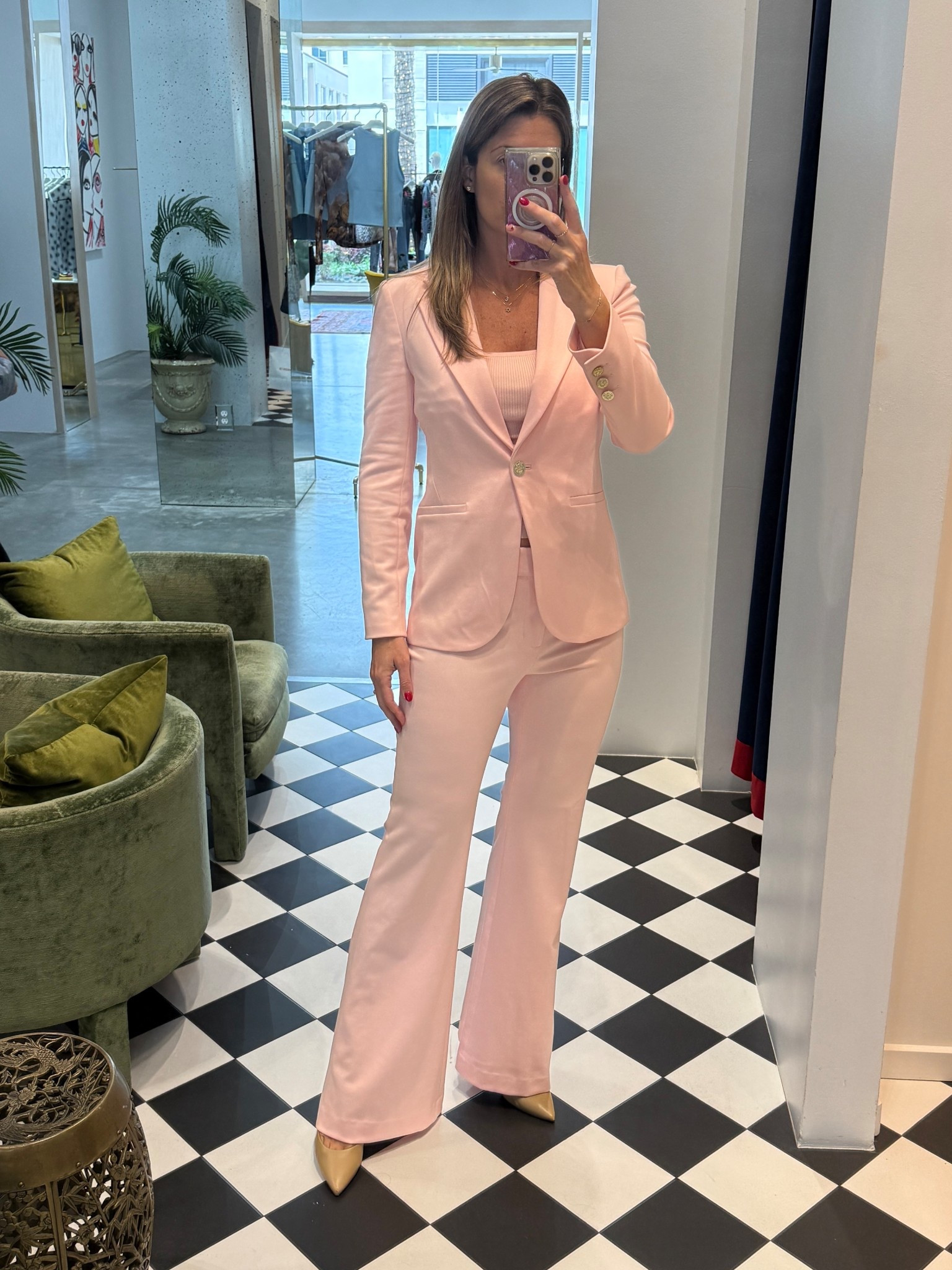 This blush suit is soft, stretchy and a total stunner 💖 Alice it paired with this ribbed tank underneath. 

Tank runs TTS. Wearing size small. 
Jacket and pants run small. Size up. I’m wearing an 8 on top and bottom. 

#LTKOver40 #LTKWorkwear #LTKTall