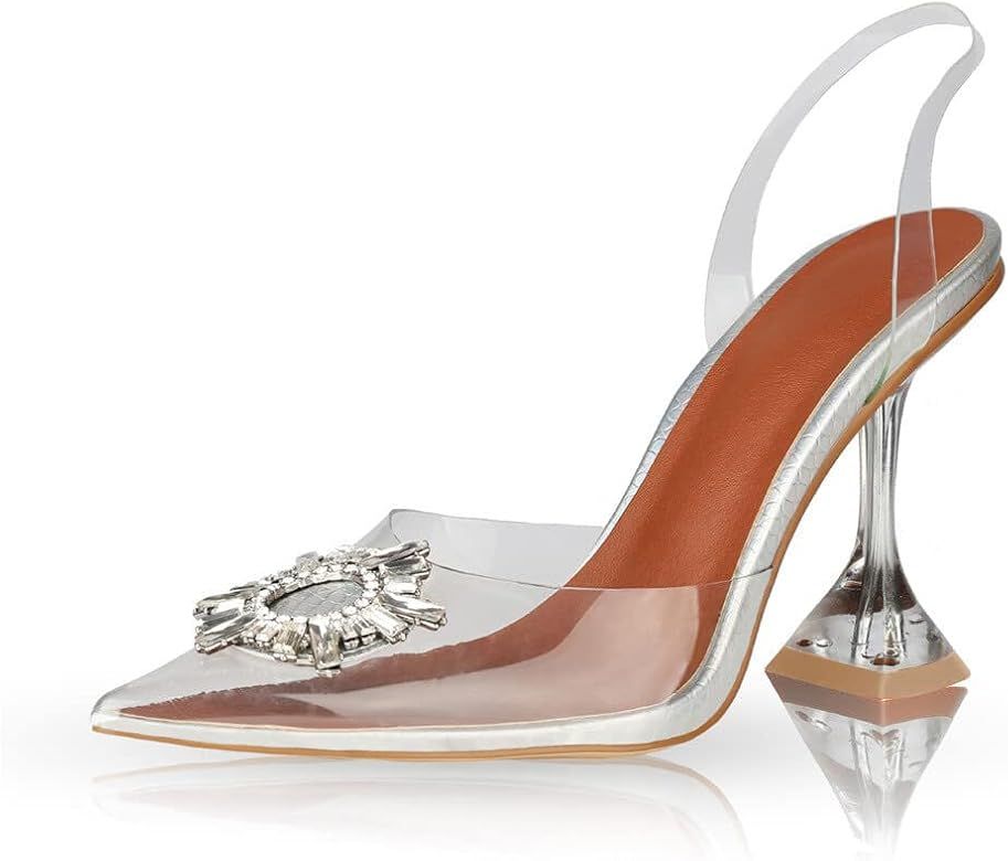 Atsroel Womens Clear Heeled Sandals Pointed Toe Crystal Rhinestones Sparkly High Stiletto Heels S... | Amazon (US)