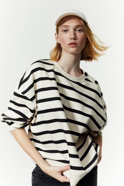 Button-detail Sweatshirt - Light beige/striped - Ladies | H&M US | H&M (US)