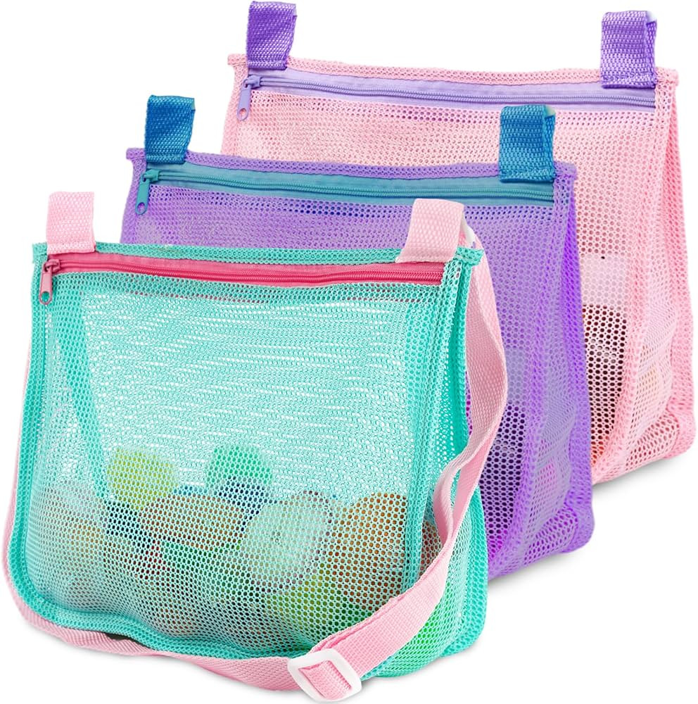 FUTUREPLUSX 3PCS Shell Collecting Bags, Colorful Mesh Beach Bags Kids Seashell Bags Adjustable St... | Amazon (US)
