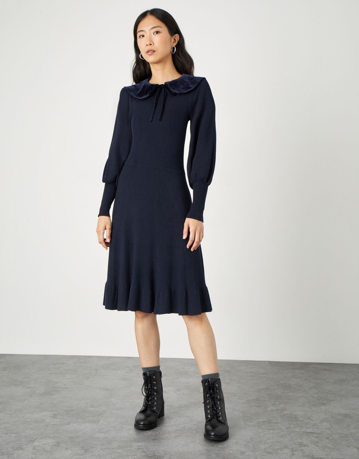 Velvet Tie Collar Long Sleeve Dress Blue | Monsoon (UK)