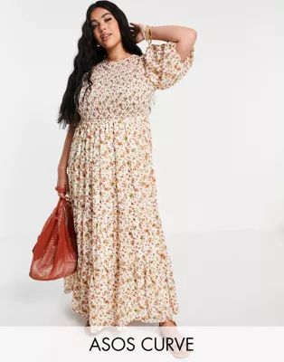 ASOS DESIGN Curve shirred tiered maxi dress in cream floral print | ASOS (Global)