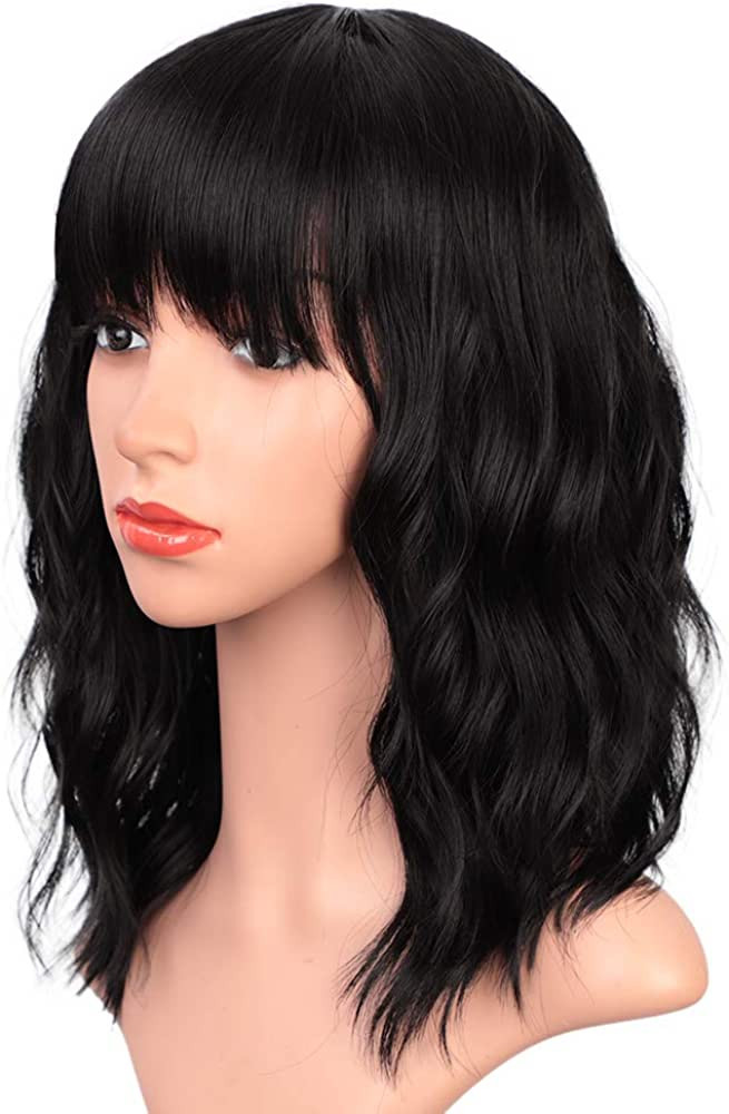 ENTRANCED STYLES Black Wigs with Bangs for Women 14 Inches Synthetic Curly Bob Wig for Girl Natur... | Amazon (US)