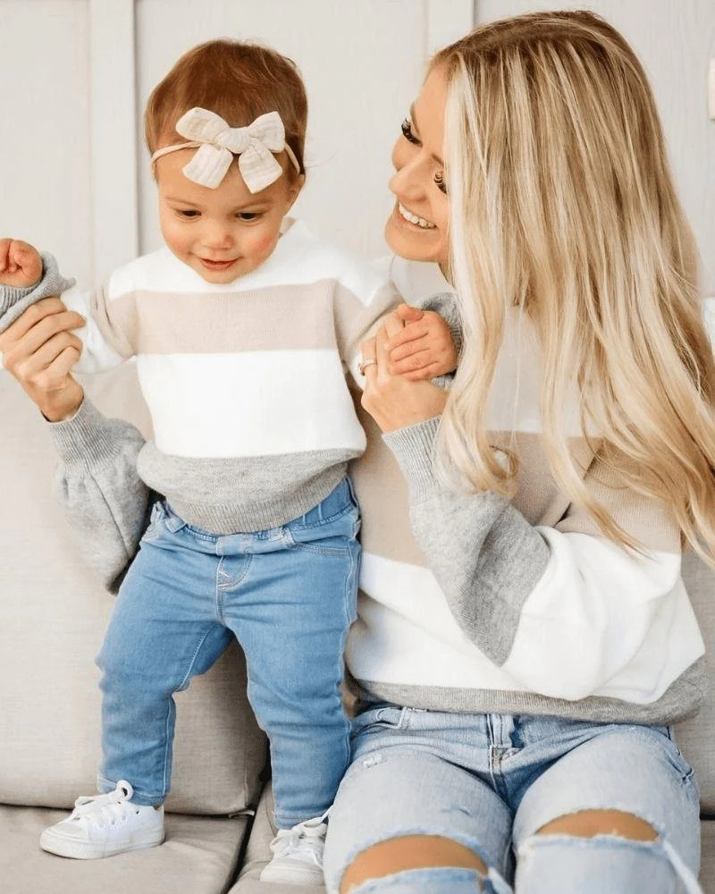 Crawford Bubble Sleeve Sweater - Pink, White & Gray Stripe | Bailey's Blossoms