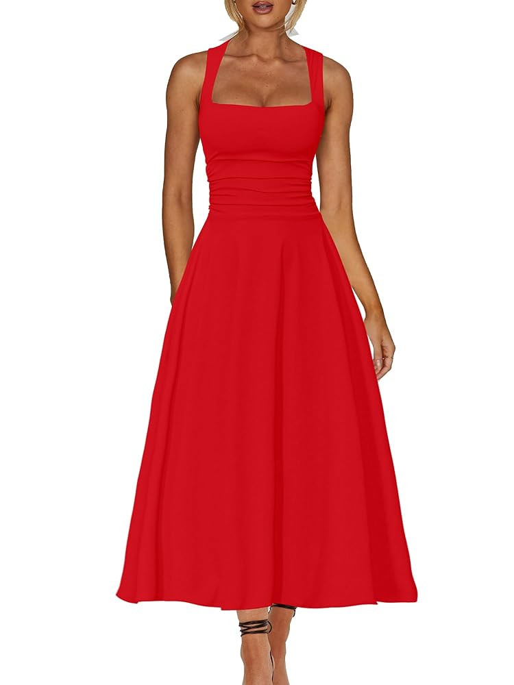 Kaximil Women's Square Neck Corset A Line Maxi Dress Ruffle Ruched Waist Flowy Long Dresses | Amazon (US)