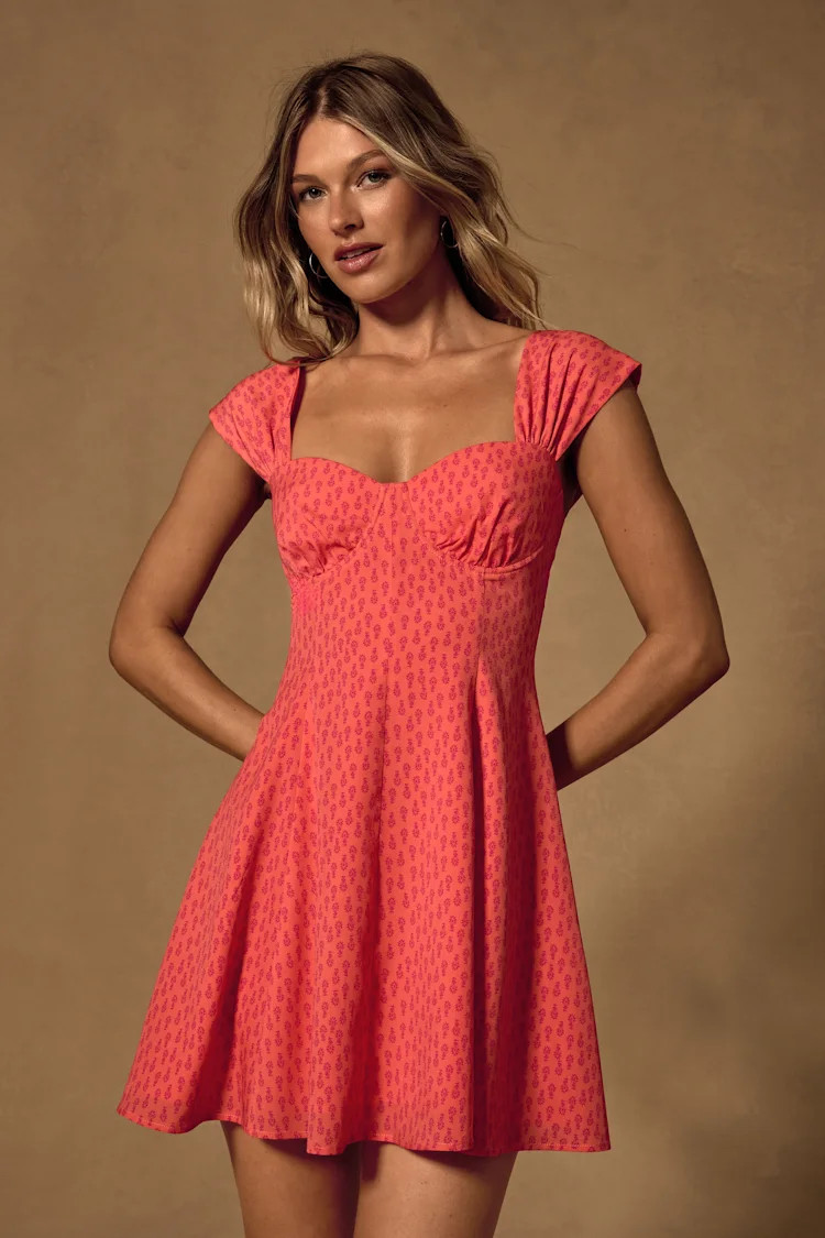 Filicia Coral Ditsy Floral Cap Sleeve Mini Dress | Lulus
