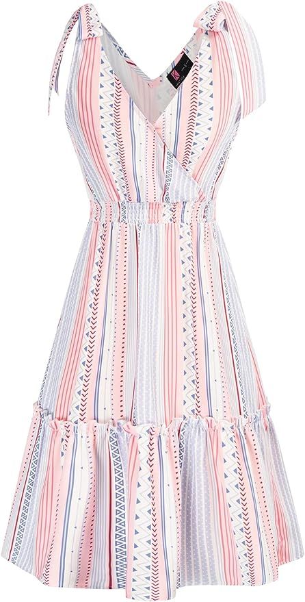 KANCY KOLE Women's Wrap V Neck Summer Mini Dress Sleeveless Tie Shoulder Floral Print Ruffle Plea... | Amazon (US)
