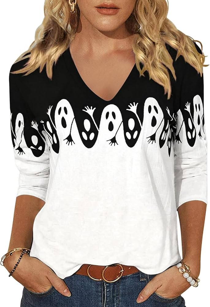 Fall Halloween 3/4 Sleeve V Neck Shirt for Women Funny Doodles Spooky Season Family Party Matchin... | Amazon (US)