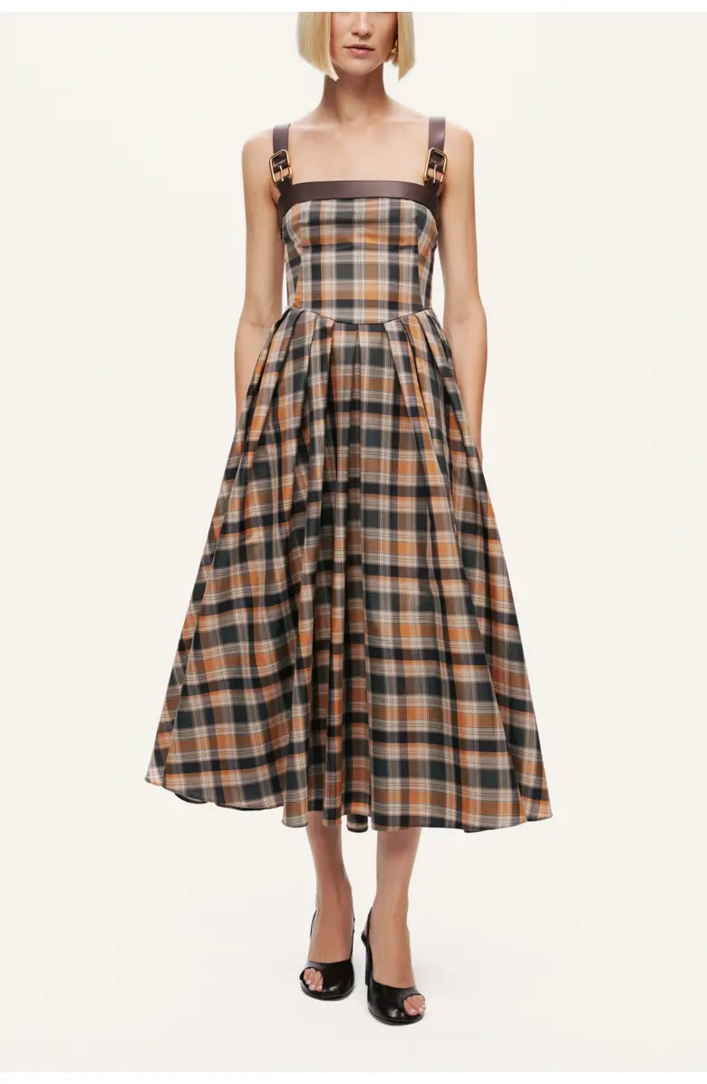Nocturne Plaid Pleated Maxi Dress with Faux Leather Belt | Nordstrom | Nordstrom