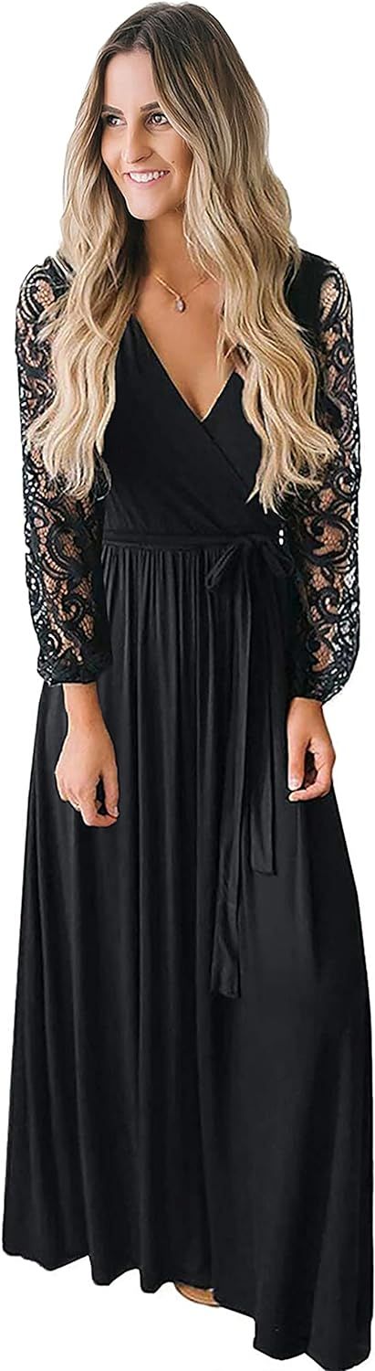 Kranda Womens Vintage Floral Lace Long Sleeve Faux Wrap V Neck Party Long Maxi Dress | Amazon (US)