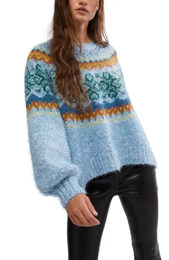 Free People Festive Frost Fair Isle Sweater in Ice Blue Combo at Nordstrom Rack, Size X-Large | Nordstrom Rack